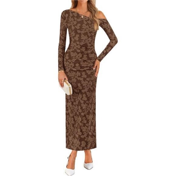 Women's Floral Off Shoulder Bodycon Maxi Dress Brown - Picture 1 of 6